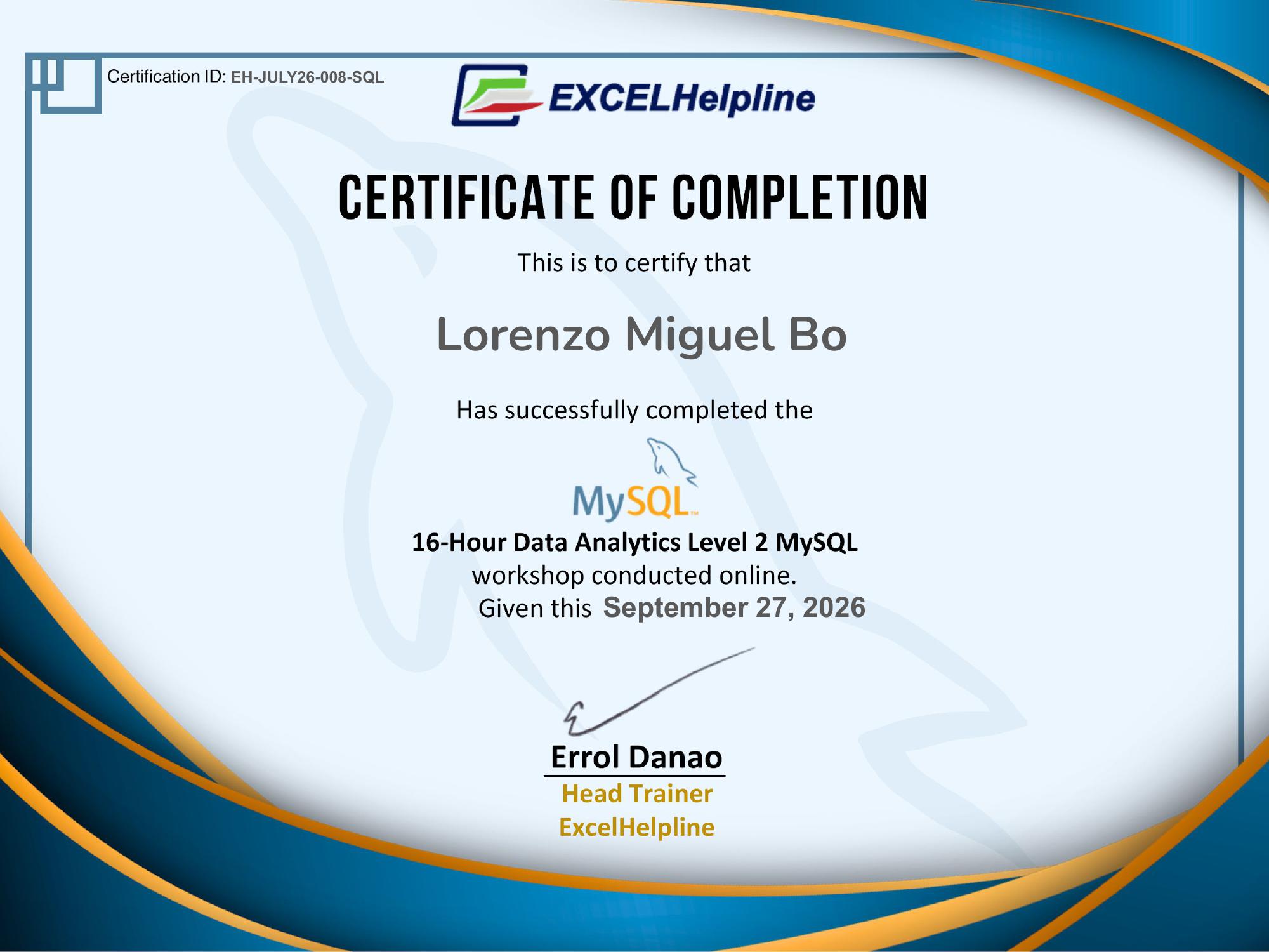 Data Analytics Level 2 certificate from ExcelHelpline PH
